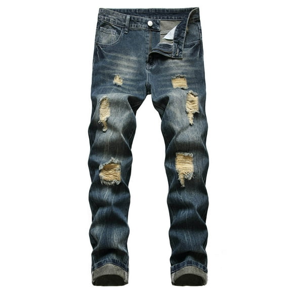 Mens Jeans Basic Plain Skinny Denim Trousers Classic Slim Fit Work Wear Ripped Hole Pants Casual Ripped Overalls Stretchy Trouser Sale Clearance