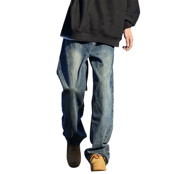 Mens Jeans Bootcut Blue Loose Fit Straight Leg Denim Jeans Casual Wide Leg Pants for Everyday Wear Cotton, L Jeans Relaxed Fit