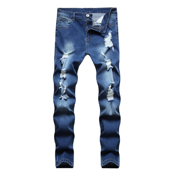 Mens Jeans Bootcut Blue Male Slim Fit Denim Scratch-off Denim Trousers Trendy Youth RippedJeans cotton, L Jeans Relaxed Fit