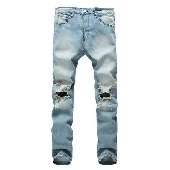 Mens Jeans Bootcut Light Blue Jeans Trend Ripped Nostalgic Big Tattered Denim Trousers Polyester,Cotton, 38 Jeans Relaxed Fit