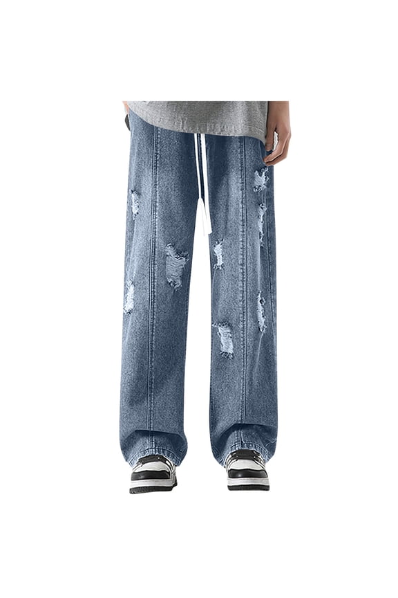 Mens Jeans Bootcut Relaxed Fit Straight Casual Distressed Irregular Hole Straight Leg Denim Pants