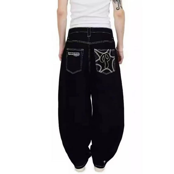 Mens Jeans Casual New Hop Trend Print Straight Wide Leg Wash Denim Trousers Loose Comfortable Streetwear Mens Pants Black S