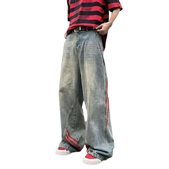 Mens Jeans Casual Red Stripes Baggy Straight Wide Leg Denim Trousers Splicing Design Loose Spring Fall Outdoor Streetwear Pants For Men Blue S