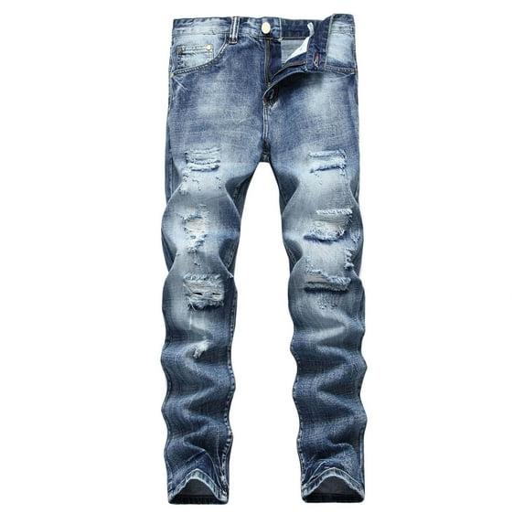 Mens Jeans Casual Solid Color Ripped Straight Slim Leg Denim Trousers Comfortable Skinny Fit Outdoor Activities Pants For Men Blue 40