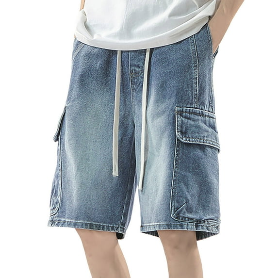 Mens Jeans Casual Wash Drawstring Wide Leg Cargo Denim Shorts with Multi-Pockets Comfort Outdoor Loose Mens Jorts Blue XL