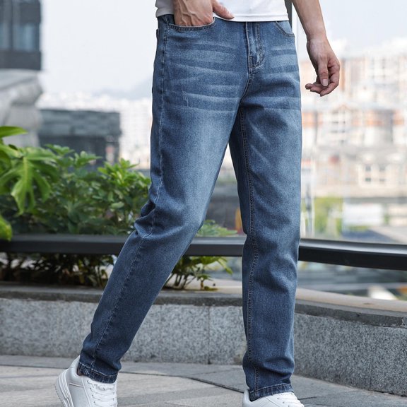 Mens Jeans Comfort Flex Waist Loose Fit Jeans Fashion Zipper Button Solid Casual Pocket Sports Trousers Pants Blue S