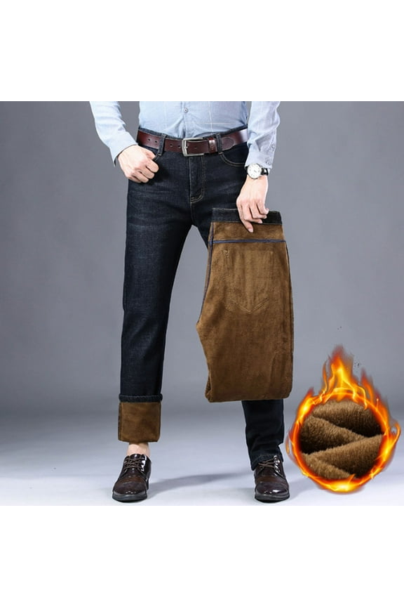 Mens Jeans Lined Straight Leg Stretch Denim Pants Winter Thicken Warm Trouser with Pockets Casual Black 36