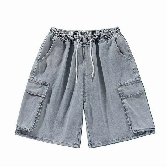 Mens Jeans Lightweight Workwear Street Loose Fit Cargo Jean Shorts with Drawstring for Daily Wear Casual Relaxed Jean Shorts