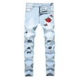 thumbnail image 1 of Mens Jeans Male Embroidered Rose Denim Ripped Slim Fit Stretch Trousers Men's Pants Light Blue 28, 1 of 7