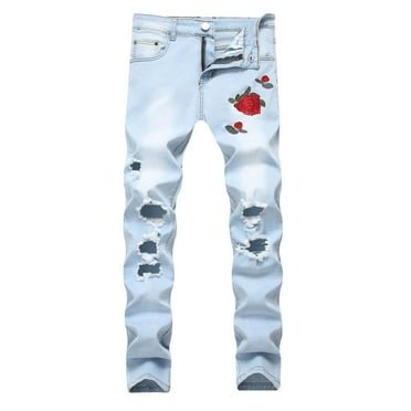 Mens Jeans Male Embroidered Rose Denim Ripped Slim Fit Stretch Trousers Men's Pants Light Blue 28