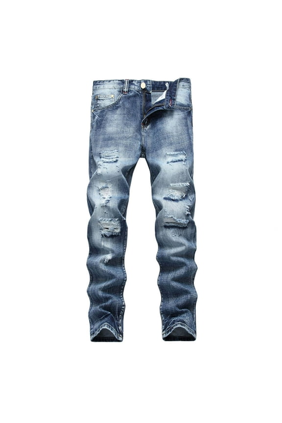 Mens Jeans Male Spring Summer Thin Breathable Ripped Straight Leg Slim Denim Pants Jeans Mens Skinny Jeans Blue 34
