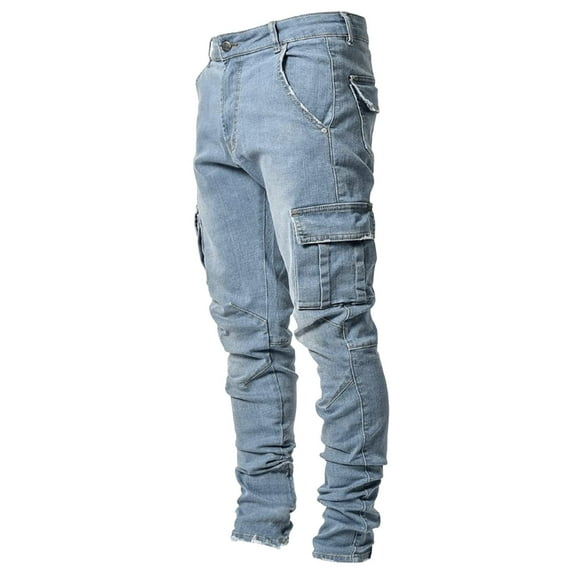 Mens Jeans Male Straight Hole Buckle Zipper Middle Waist Denim Long Pant Mens Pants Blue XL