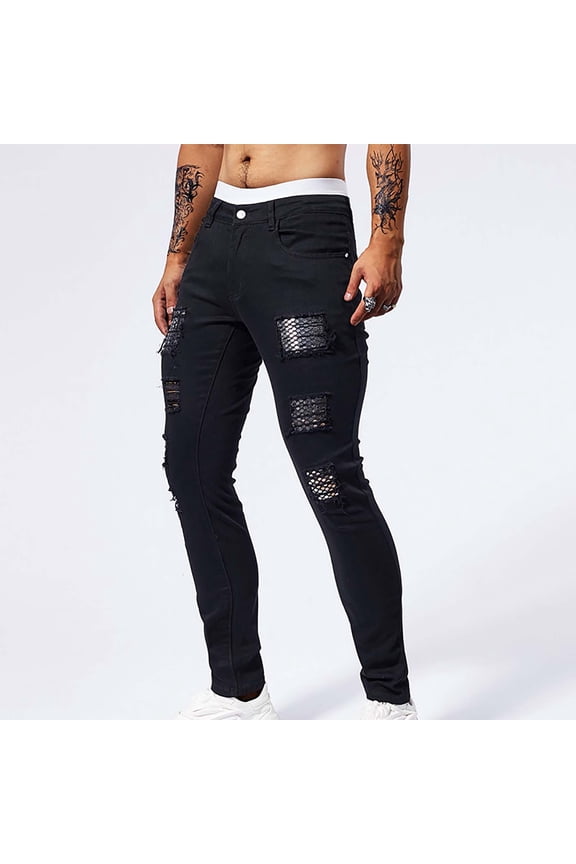 Mens Jeans Men's Casual Fashion Perforated Patch Bright Sequin Pocket Solid Color Elastic Tight Fitting Small Leg Denim Pants