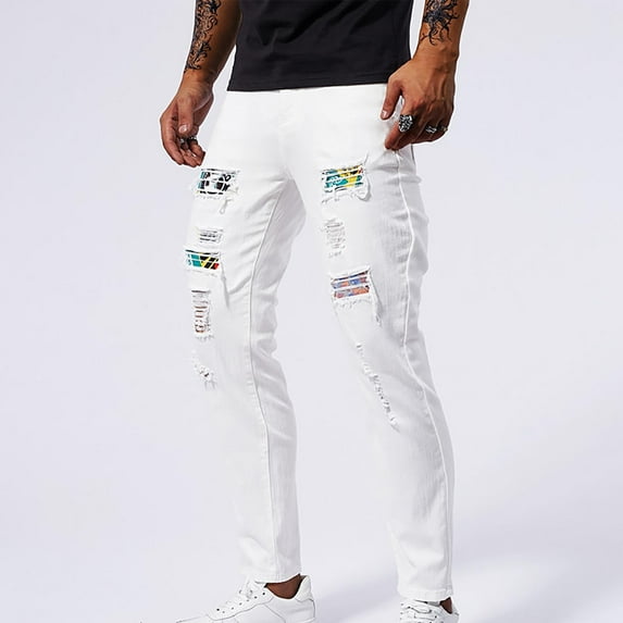 Mens Jeans Men's Casual Fashion Perforated Patch Pocket Solid Color Elastic Tight Fitting Small Leg Denim Pants