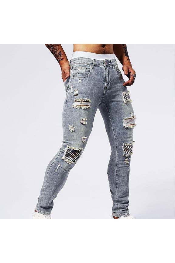 Mens Jeans Men's Casual Fashion Solid Color Elastic Waisted Perforated Patch Bright Sequin Pocket Tight Fitting Small Leg Denim Pants