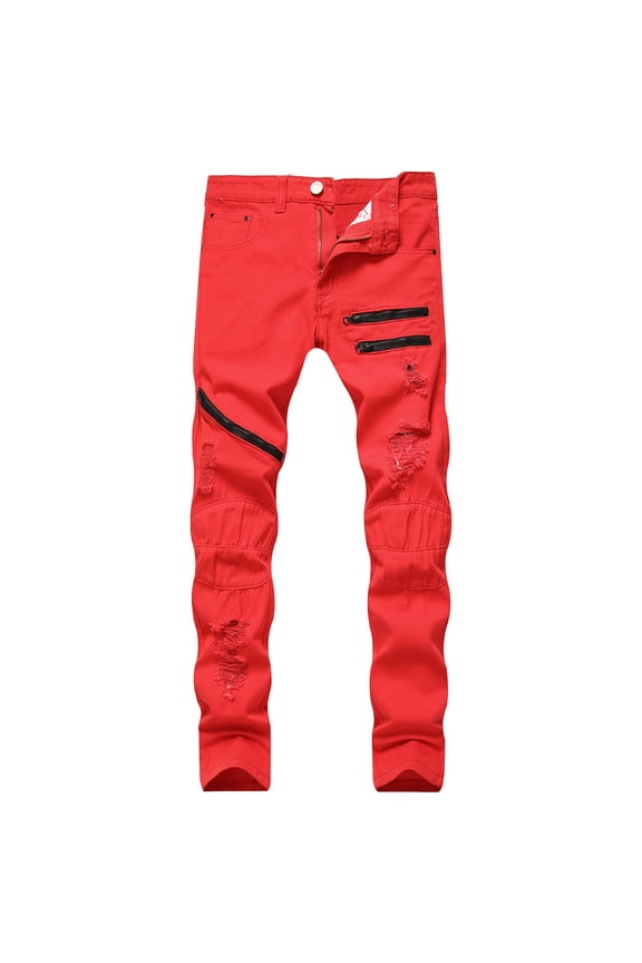 Mens Jeans Men's New Tight-fitting Ripped Straight Hip-hop Stretch Motorcycle Denim Trouser