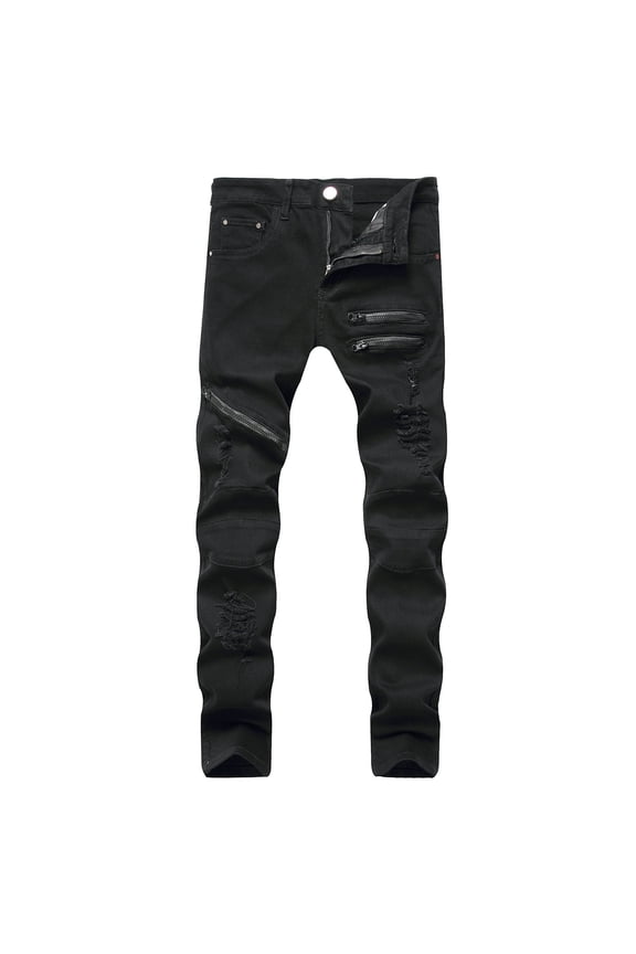 Mens Jeans Men's New Tight-fitting Ripped Straight Hip-hop Stretch Motorcycle Denim Trouser
