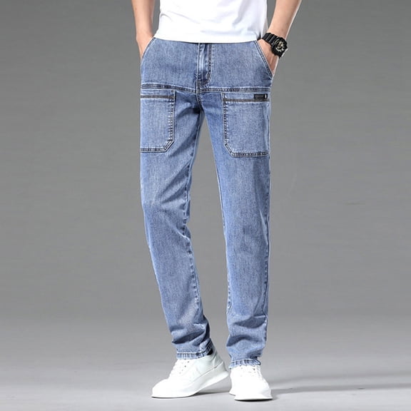 Mens Jeans Mens Fashion Casual Pocket Waist Solid Color Slim Toe Jeans Pants Elastic Waist Jeans for Men Light Blue 32