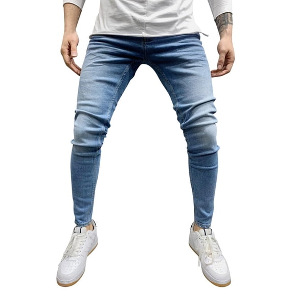 Mens Jeans Pants Length Skin Solid Sports Pocket Full Fitness Bodybuilding Boys Jeans Pants,Blue,M