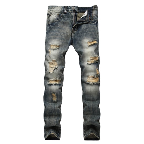 Mens Jeans Pants Ripped Straight Leg Slim Fit Hole Men Warm Jeans,Navy,36