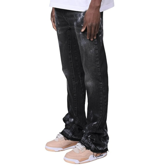 Mens Jeans Patch Color Block Print Denim Stacked Flared Leg Pants Stretch Casual Loose Fit Outdoor Denim Pants