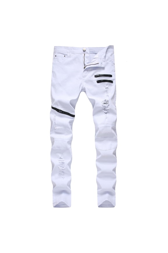 Mens Jeans Men's New Tight-fitting Ripped Straight Hip-hop Stretch Motorcycle Denim Trouser