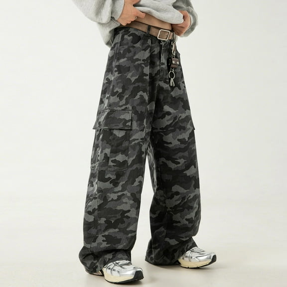 Mens Jeans Regular Fit Durable Utility Camouflage Denim Pants Retro Straight Leg Work Pants Comfortable Fall Outdoor Hiking Pants with Pocket