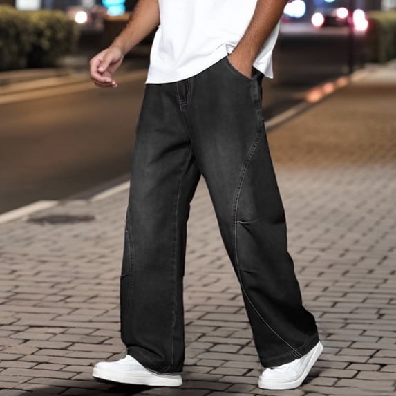 Mens Jeans Regular Fit Straight Leg Comfortable Denim Pants Lightweight Athletic Fit Outdoor Denim Trousers Black Size M