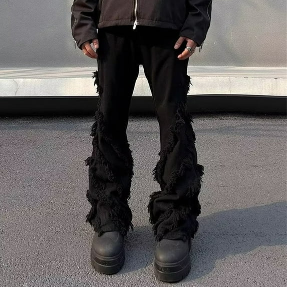 Mens Jeans Regular Fit Straight Leg Elastic Waist Denim Pants Vintage Comfortable Street Outdoor Hiking Pants with Pocket Black L