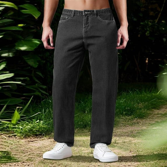 Mens Jeans Regular Fit Straight Leg Elastic Waist Denim Pants Vintage Lightweight Comfortable Workwear Classic Jeans Trousers Black L