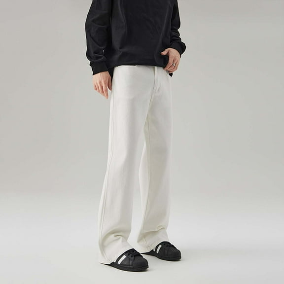 Mens Jeans Regular Fit Straight Leg Fashion Elastic Waist Denim Pants Solid Comfort Street Outdoor Hiking Pants with Pocket White S