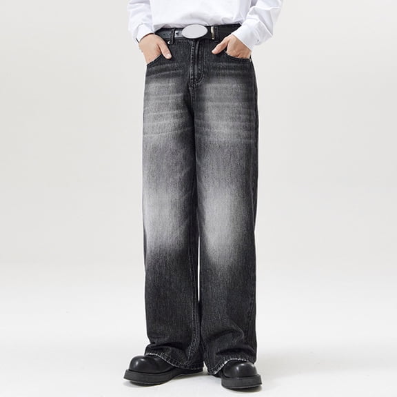 Mens Jeans Regular Fit Straight Leg Vintage Elastic Waist Denim Pants Solid Comfy Street Outdoor Hiking Pants with Pocket Black M