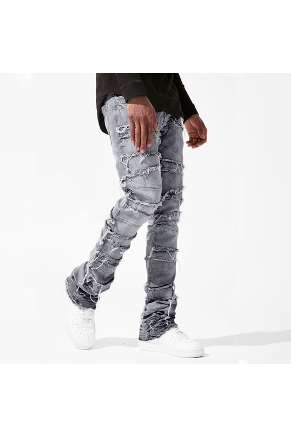 Mens Jeans Regular Fit Stretch Stacked Ripped Patch Denim Pants Streetwear Solid Color Trousers Fall Outdoor Hiking Pants with Pocket