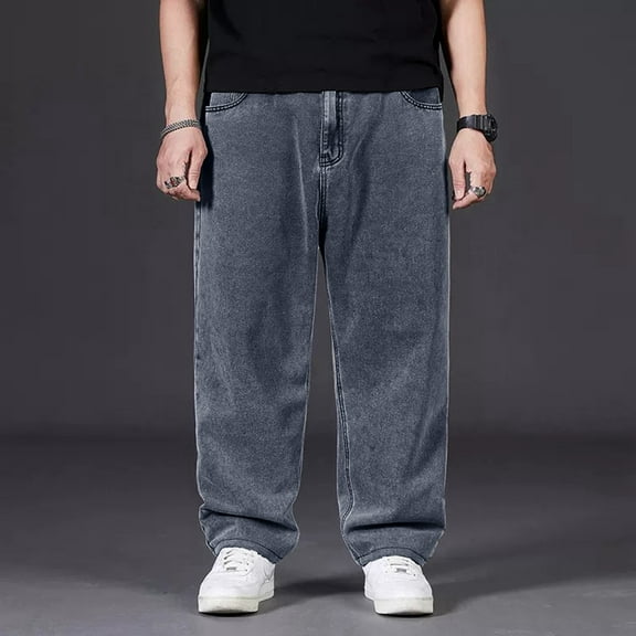 Mens Jeans Regular Fit Wide Leg Elastic Waist Denim Pants Plus Size Straight Casual Solid Color Fall Travel Long Jeans with Pocket