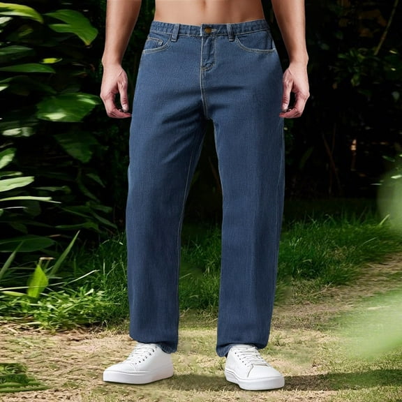 Mens Jeans Relaxed Fit Straight Leg Elastic Waist Denim Pants Vintage Lightweight Comfortable Workwear Classic Jeans Trousers BU1 XL