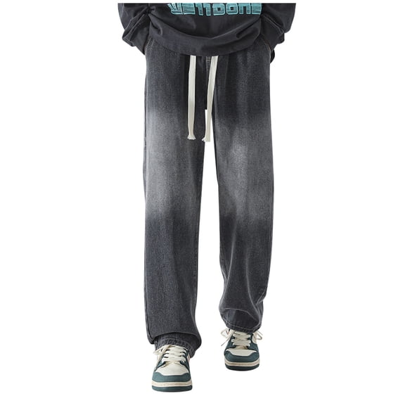 Mens Jeans Relaxed Fit Wide Leg Breathable Denim Pants Elastic Loose Classic Outdoor Denim Trousers Black Size S