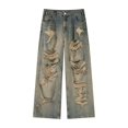 thumbnail image 1 of Mens Jeans Ripped Jeans Straight Leg Loose Wide Leg Retro Pants, 1 of 4