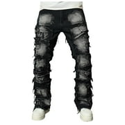 Mens Jeans Ripped Patch Slim Fit Hop Bootcut Trousers Street Style Distressed Men Pants