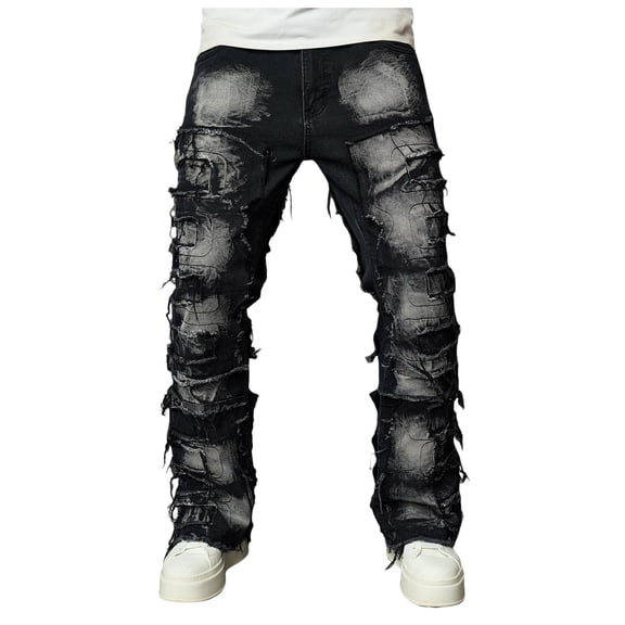 Mens Jeans Ripped Patch Slim Fit Hop Bootcut Trousers Street Style Distressed Men Pants