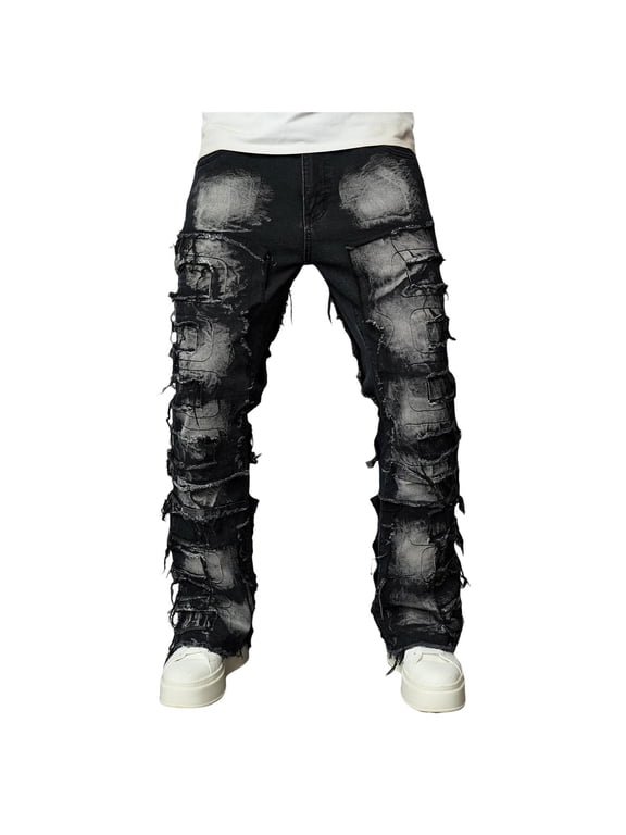 Mens Jeans Ripped Patch Slim Fit Hop Bootcut Trousers Street Style Distressed Men Pants