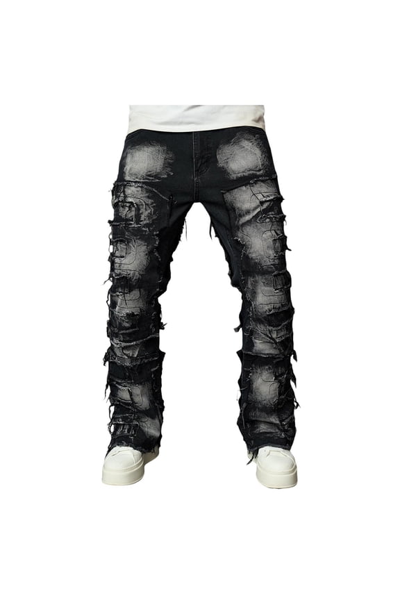 Mens Jeans Ripped Patch Slim Fit Hop Bootcut Trousers Street Style Distressed Men Pants
