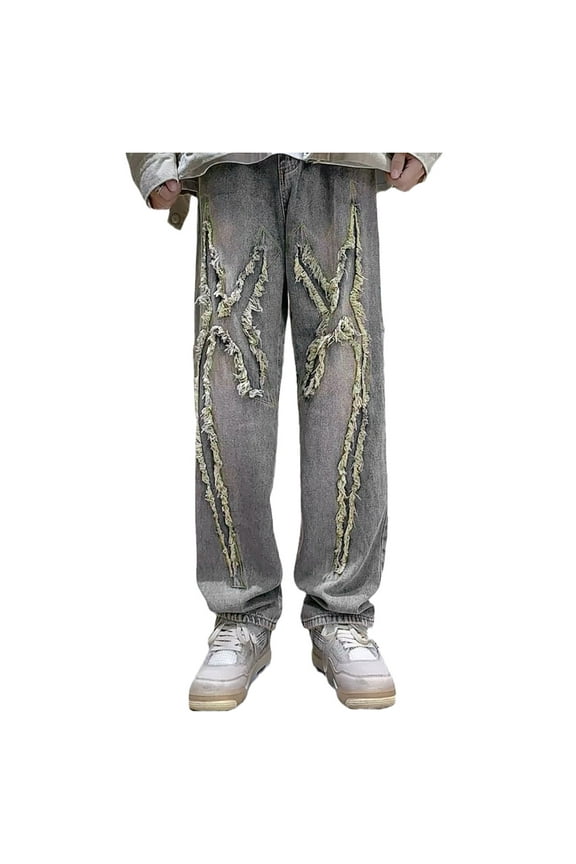 Mens Jeans Straight Leg High Waisted Spring Fall Brushed Distress Hop Jeans Stretch Casual Versatile Outdoor Denim Pants