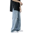 thumbnail image 1 of Mens Jeans Trend Handsome Loose Dragging Hole Floor Length Straight Wide Leg Denim Trousers Comfortable Casual Mens Pants Dark Blue M, 1 of 6