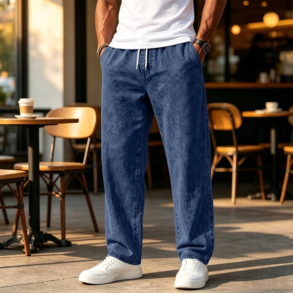 Mens Jeans Washed Denim Wide Leg Trousers Drawstring Elastic Waist Straight Leg Pants Loose Fit Casual Denim Pants