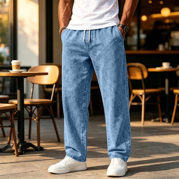 Mens Jeans Washed Denim Wide Leg Trousers Loose Fit Casual Denim Pants Drawstring Elastic Waist Straight Leg Pants