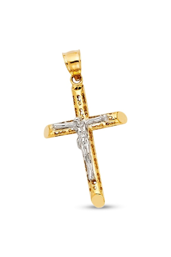 Mens Jesus Cylinder Design Cross Pendant Crucifix 14k Gold Two Tone Religious Faith Charm Christian Genuine 34 mm x 21 mm