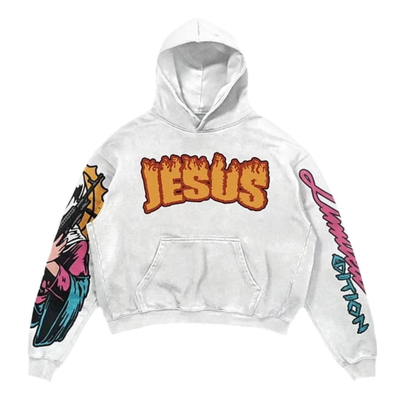 Mens Jesus Graphic Printed Hoodie Loose Fit Long Sleeve Casual Pullover Hooded Sweatshirt Top for Fall Winter