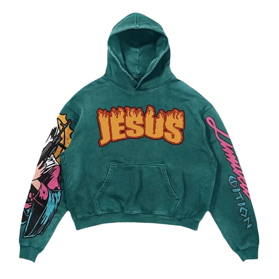 Mens Jesus Graphic Printed Hoodie Loose Fit Long Sleeve Casual Pullover Hooded Sweatshirt Top for Fall Winter