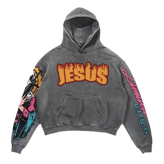 Mens Jesus Graphic Printed Hoodie Loose Fit Long Sleeve Casual Pullover Hooded Sweatshirt Top for Fall Winter