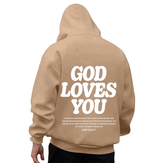 Mens Jesus Hoodie Cross Print Christian Religious Sweatshirt Long Sleeve Pullover Tops Spring Loose Khaki XXL
